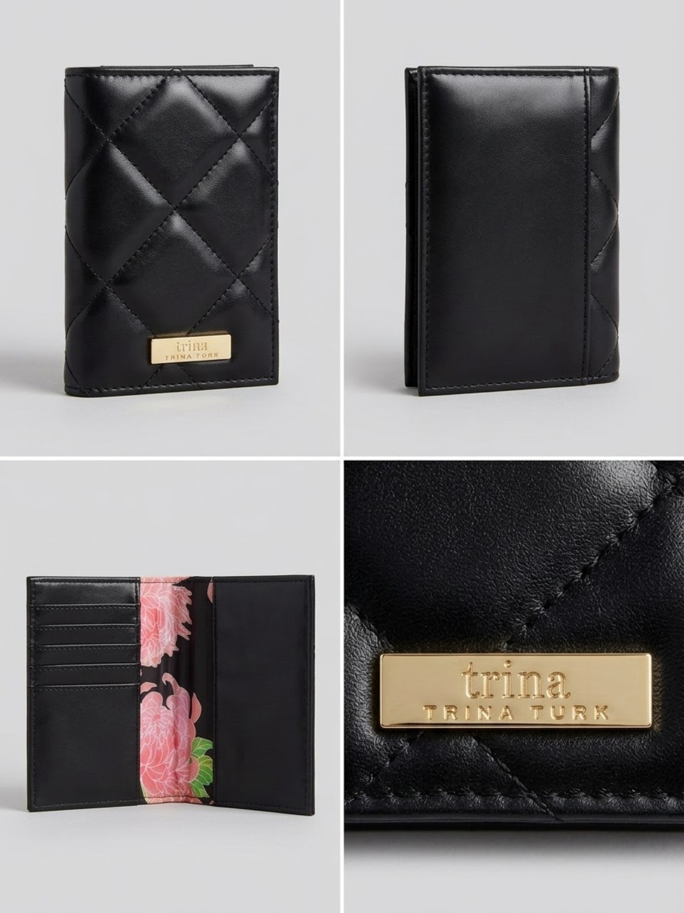 Trina Turk Black Quilted Leather Bifold Passport Holder & Card Wallet Floral Int